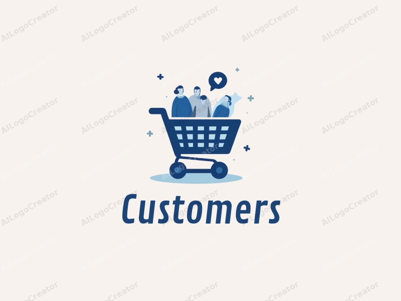 a modern design featuring a stylized shopping cart filled with products, accompanied by abstract representations of customers and shoppers, utilizing a clean and simple composition with a blue color palette.