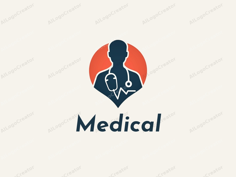 modern design features a stylized hospital silhouette, a doctor figure, a stethoscope intertwined with a heartbeat line, combined with a clean background.