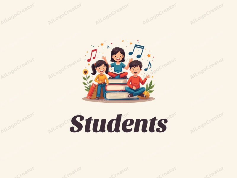 playful design features vibrant colors, stylized students and school elements, books, and musical notes, combined with a clean and harmonious background.