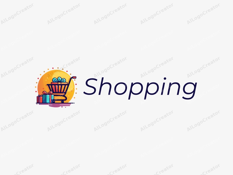 a modern design featuring a colorful shopping cart and a stylized gift box, combined with a vibrant mall background, emphasizing a lively retail atmosphere.