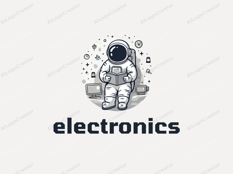 a modern minimalist design featuring a stylized astronaut reading a book, surrounded by abstract representations of electronic devices and computers, all in a clean silver color scheme.