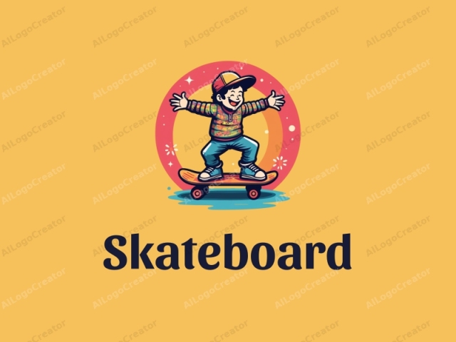 verspieltes Design mit einem lebendigen Skateboard, fröhlichen Ausdrücken und einer dynamischen Komposition, kombiniert mit einem sauberen Hintergrund.