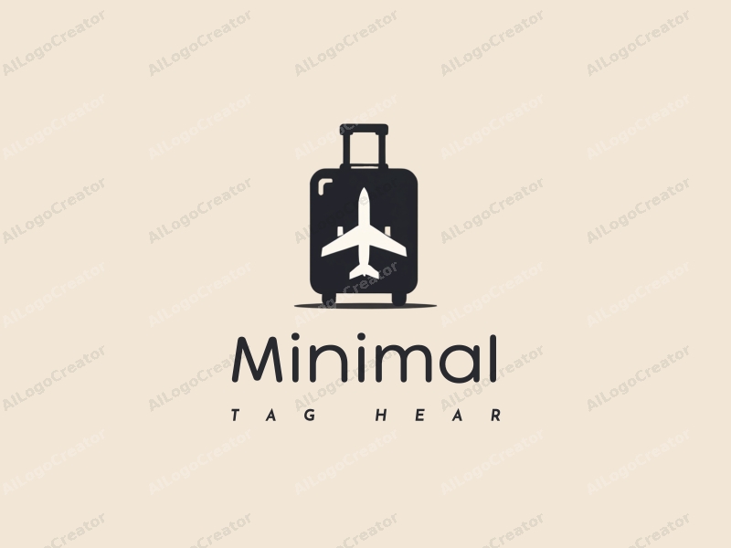 minimalist design features a stylized luggage and airplane silhouette, combined with a tag design approach and a clean background.