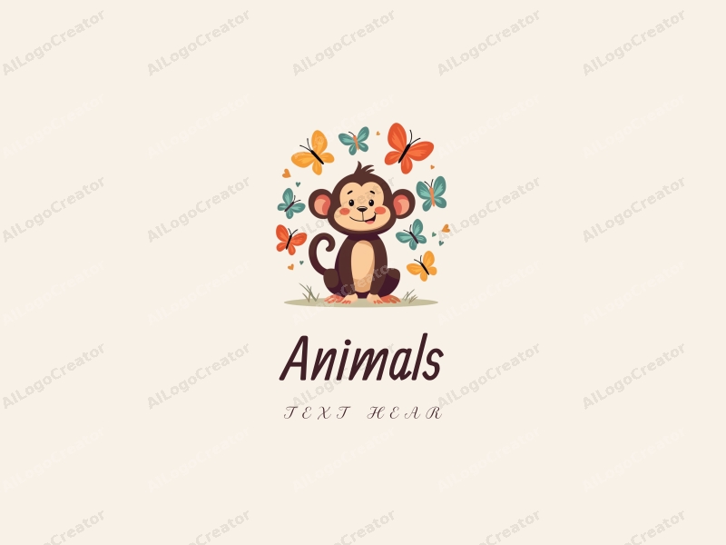 playful design features a whimsical monkey interacting with colorful butterflies, incorporating a variety of vibrant colors and a clean background.