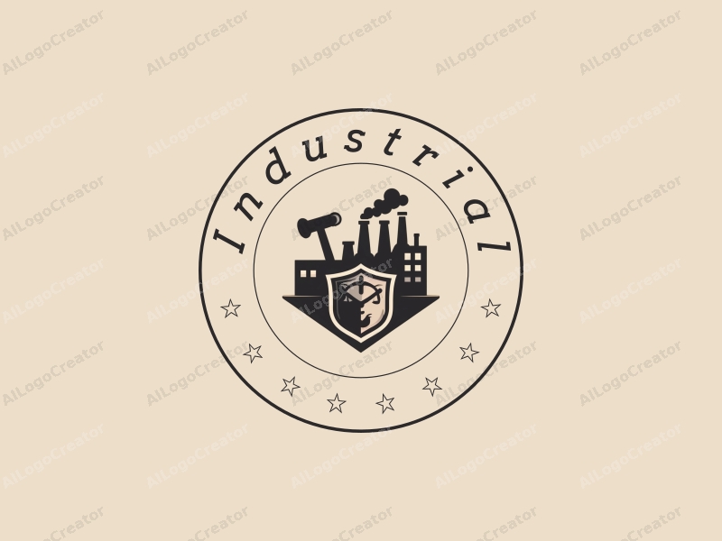 modern design features a stylized factory silhouette, machinery elements, a hammer and shield integrated into the composition, combined with a clean background.