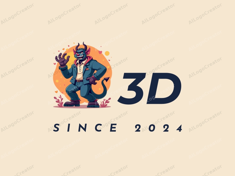 a modern design featuring a colorful 3D representation of a dynamic demon and giant, incorporating a playful and energetic composition with clean lines and a harmonious background.