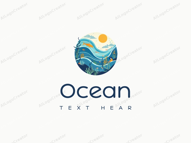 a modern design featuring stylized waves, marine life, students interacting with corals, using a clean and simple composition with harmonious elements.