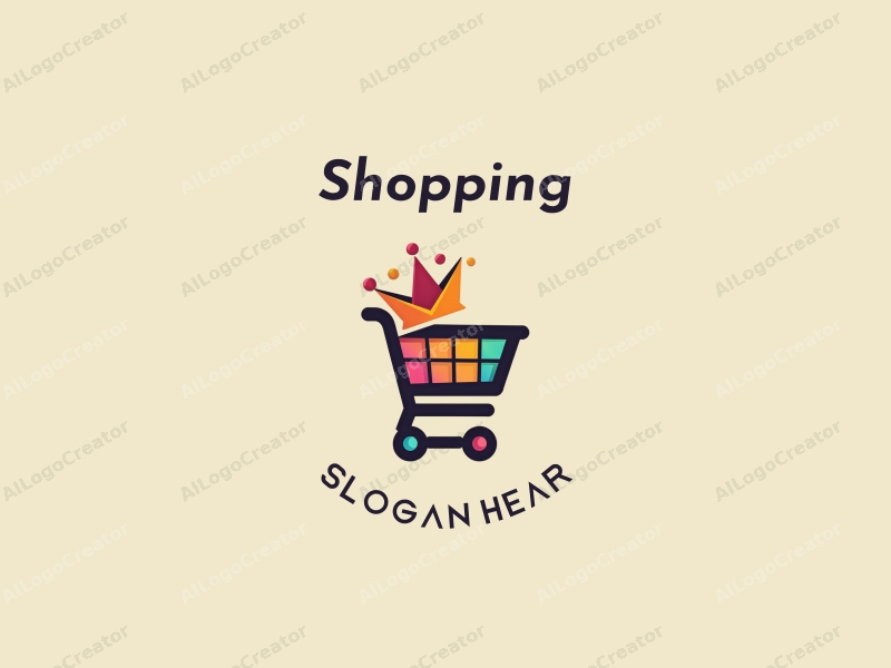 a modern design featuring a colorful shopping cart and a crown, combined with elements of a shopping mall, using a clean and harmonious composition.