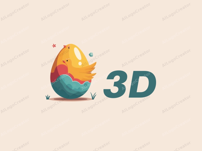 a modern design featuring a colorful 3D egg and a dynamic chick, incorporating playful shapes and a clean background.