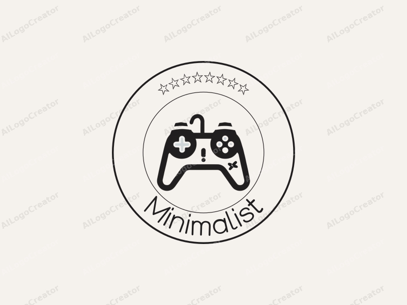 minimalist design features a stylized game controller integrated with clean lines and text elements, utilizing a tag style approach combined with a simple black and white background.