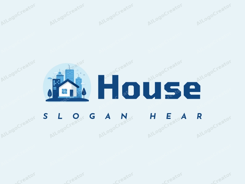 modern design features a stylized house and building silhouette, integrated with gaming and network elements, using a clean blue color palette for a harmonious and simple composition.