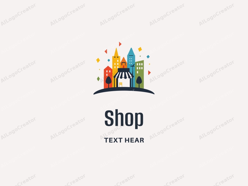 a modern design featuring a colorful shop silhouette integrated with a cityscape and triangular shapes, combined with a clean background.