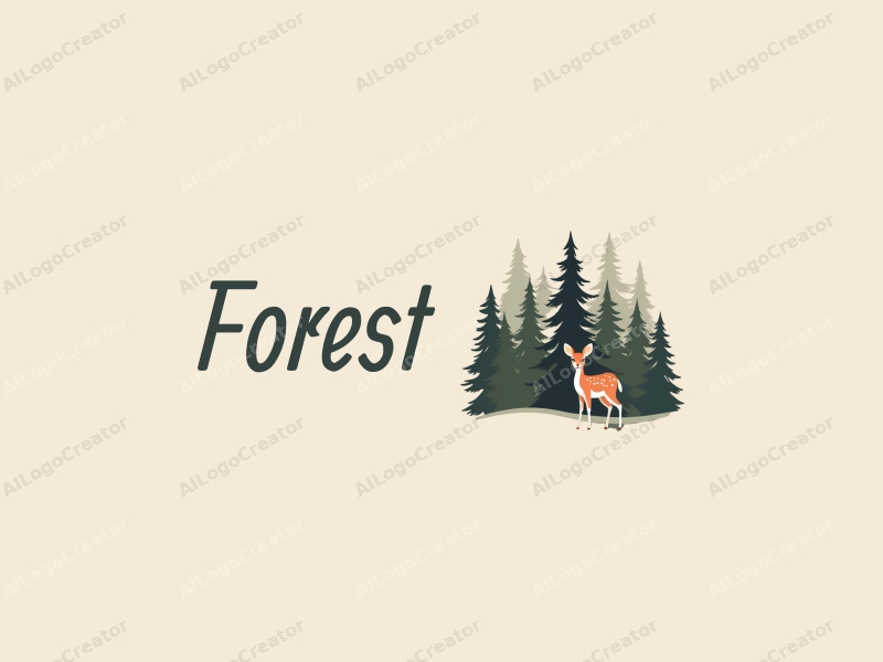 vintage design features a serene forest scene with stylized pine trees and a small fawn, combined with a clean background.