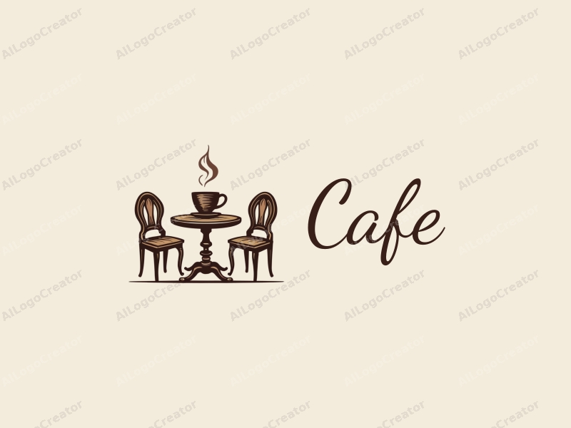 vintage design features a stylized coffee cup, antique table, and chairs, combined with a clean background.