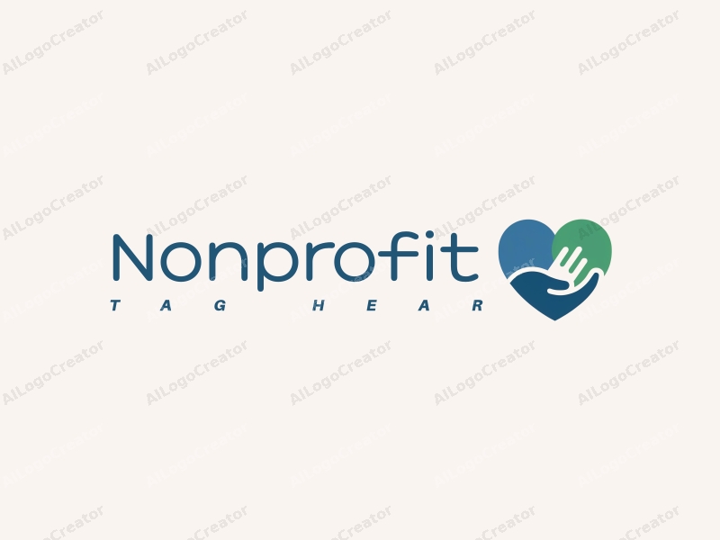 modern design features a heart shape integrated with a hand palm, symbolizing charity and volunteer work, using blue and green colors combined with a clean background.