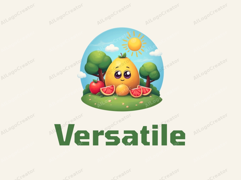 a modern cartoon style featuring multifunctional and adaptable elements, including creative fruits and sunny trees, combined with a clean background in blue and green colors.