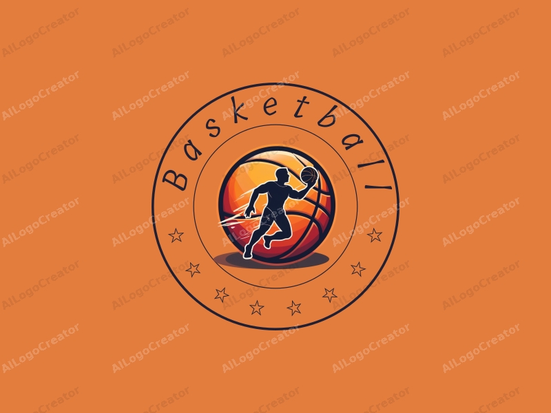 playful design features a stylized basketball, an athlete in motion, and a basketball court background combined with a clean and energetic layout.