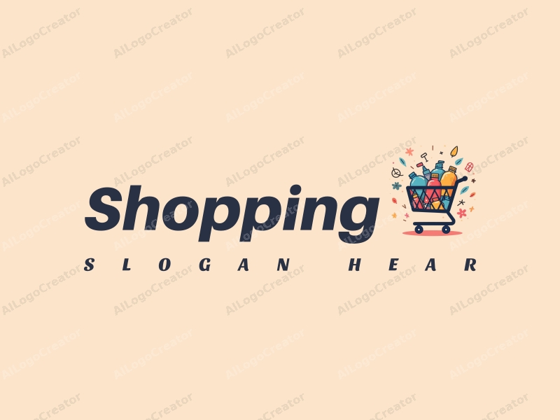 a modern design featuring a colorful shopping cart filled with various products, set against a stylized mall background, emphasizing simplicity and harmony in composition.