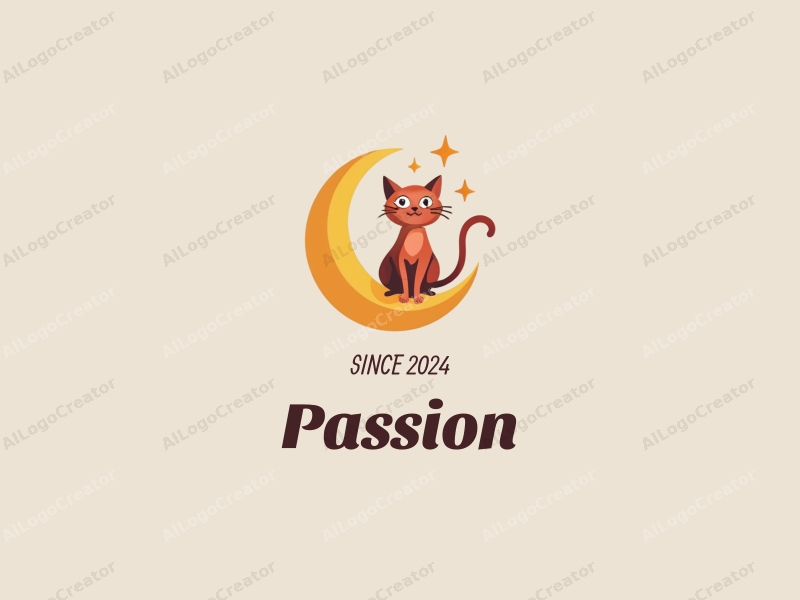 playful design features a stylized cat sitting on a crescent moon, embodying passion and enthusiasm, combined with a clean background.