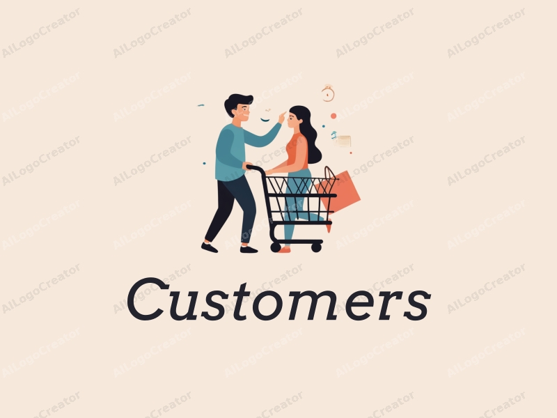 a modern design featuring a stylized customer and shopper interacting with a shopping cart and shopping bag, combined with a clean background.