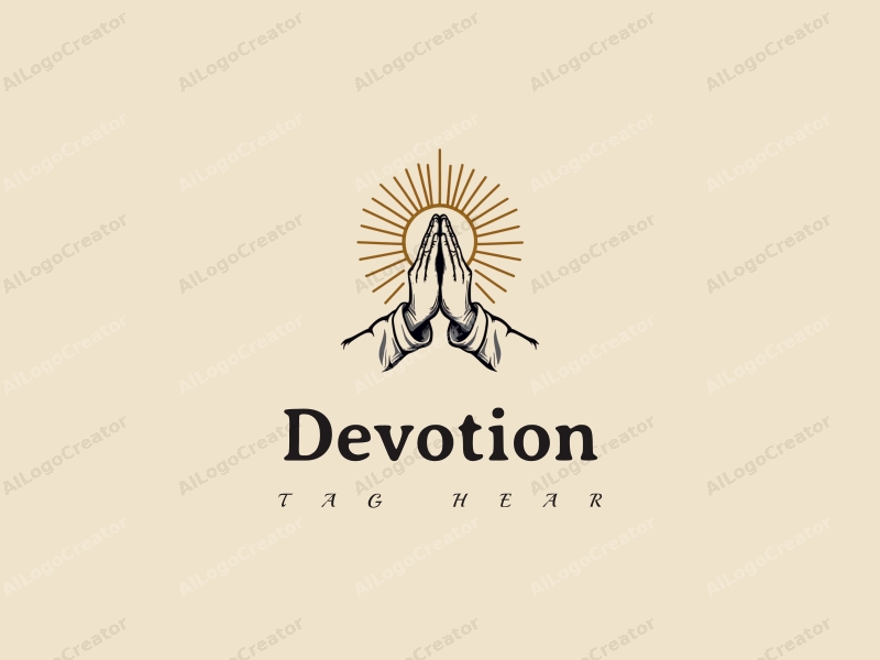 vintage design features a stylized halo above a pair of hands in a prayer position, combined with golden accents and a clean background.