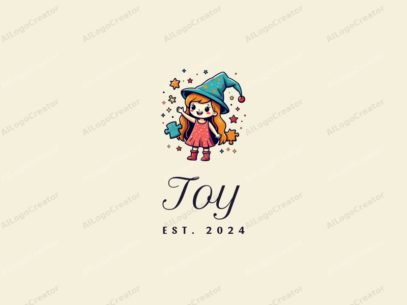 playful design features a whimsical doll and puzzle pieces, combined with a stylized wizard and stars, creating a vibrant and engaging composition against a clean background.