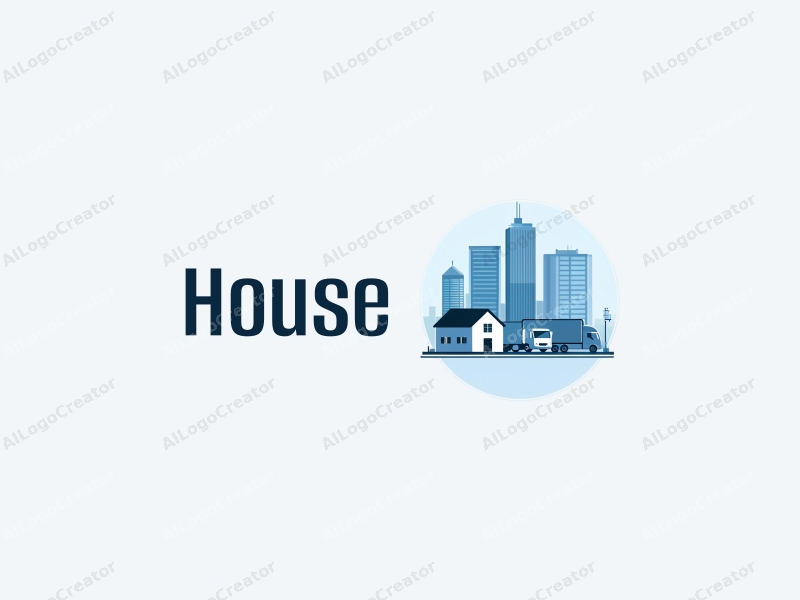 modern design features a stylized house and building silhouette, combined with elements representing freight and logistics, using a clean blue color palette against a simple background.