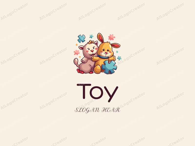 playful design features colorful plush toys and puzzle pieces, combined with a whimsical approach and a clean background.