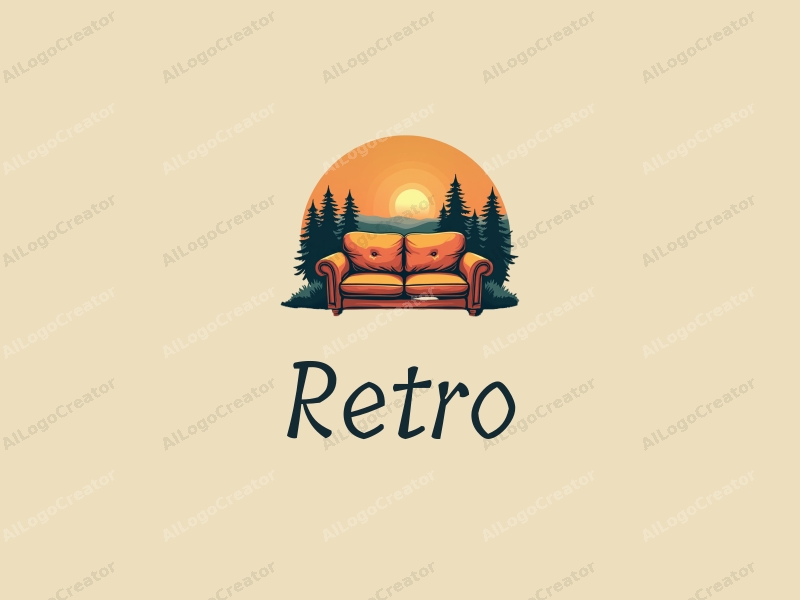 vintage design features a retro sofa and a retro poster, combined with elements of a river and riverbank, set against a clean background.