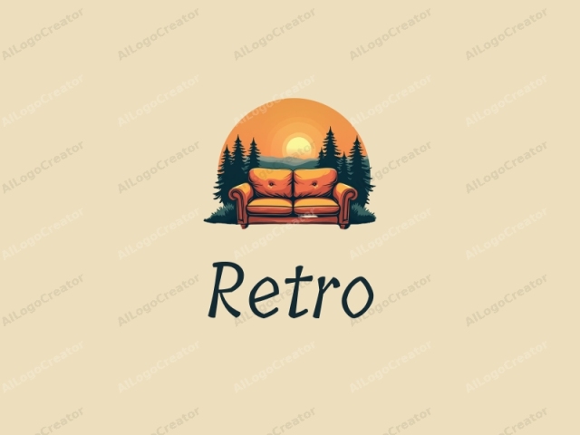 vintage design features a retro sofa and a retro poster, combined with elements of a river and riverbank, set against a clean background.