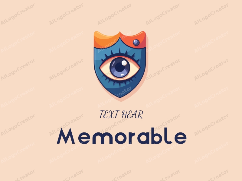 playful design features a stylized shield incorporating eyes, representing memories and iconic symbols, combined with a clean background in blue and orange colors.