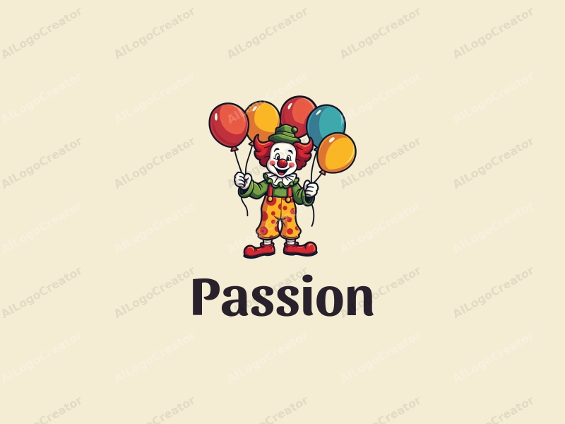 playful design features a vibrant clown character holding colorful balloons, with a focus on passion and enthusiasm, combined with a clean and simple background.