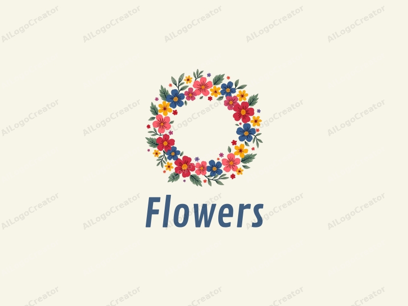 playful design features vibrant flowers and petals arranged in a circular wreath, complemented by playful leaves, all set against a clean background.