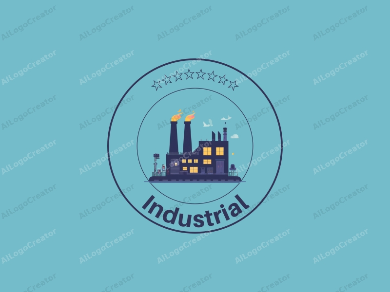 modern design features a stylized factory silhouette, robotic elements, and an assembly line, combined with a clean background.