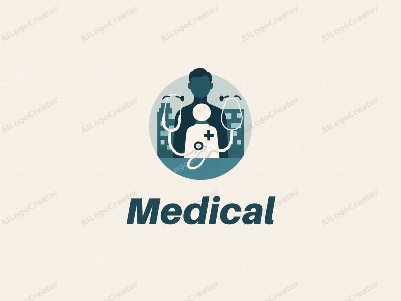 modern design features a stylized hospital silhouette, a doctor figure, and a stethoscope intertwined with medicine elements, combined with a clean background.