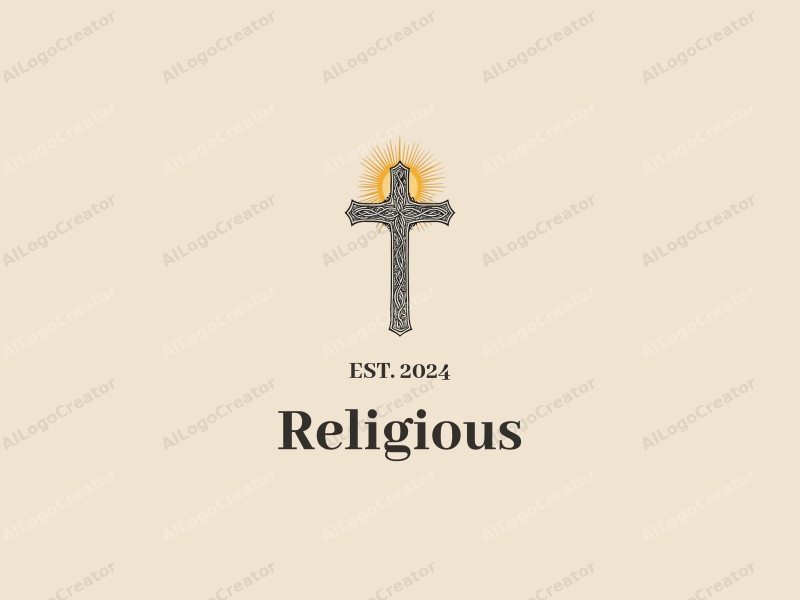 vintage design features a stylized cross entwined with elegant vines, a radiant golden halo surrounding the cross, set against a clean background.