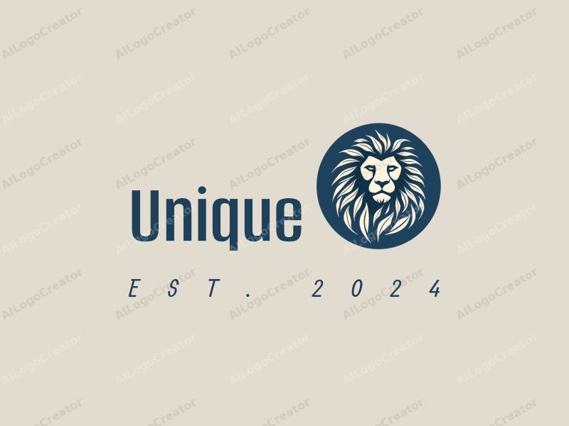 a modern design featuring a stylized lion intertwined with tea leaves, showcasing unique and innovative elements combined with a clean blue background.