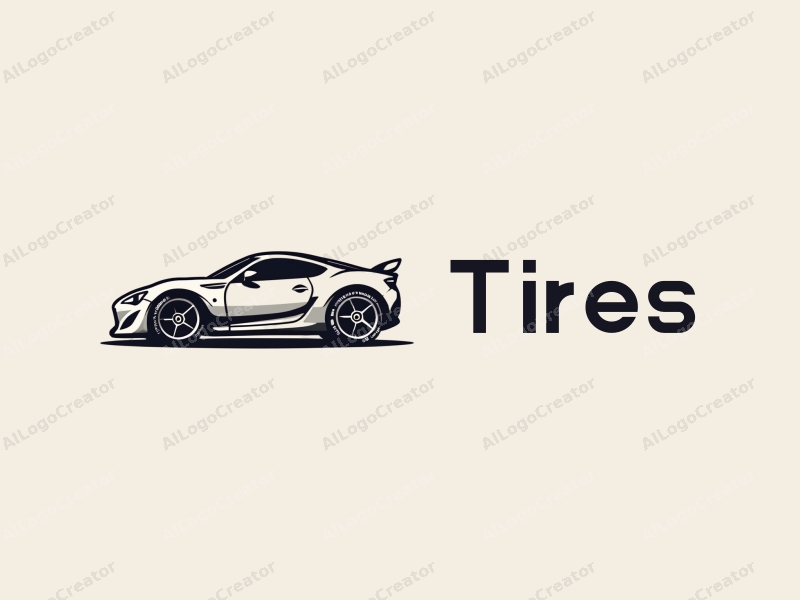 minimalist design features a stylized sports car silhouette integrated with tire elements, using a clean background and a modern design approach.