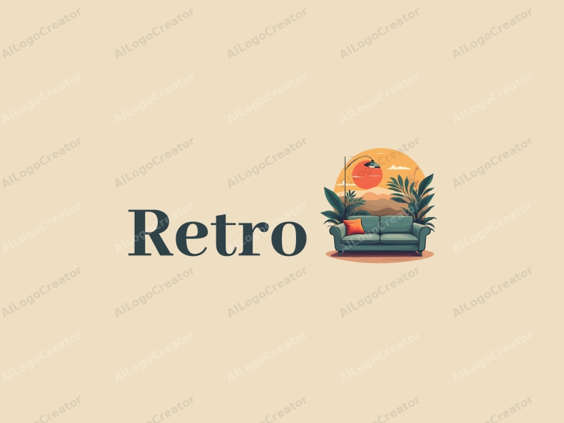 vintage design features a retro sofa and a retro poster, combined with a lotus and other retro elements, set against a clean background.