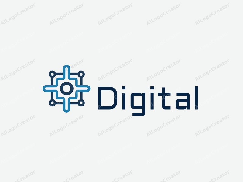 a modern minimalist design featuring digital elements like circuit patterns, stylized data streams, and network symbols, combined with a clean background in blue and black colors.