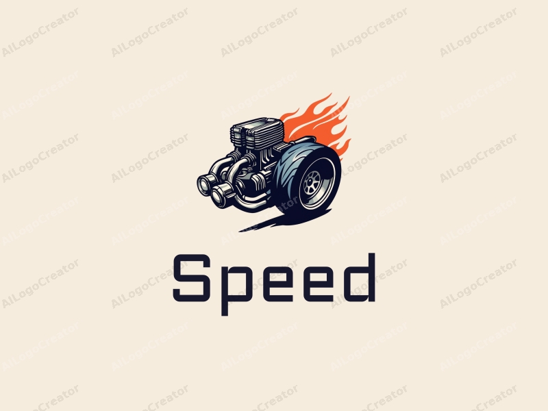 a modern design featuring dynamic lines representing speed, a stylized engine and tire, combined with a clean background to emphasize power and motion.