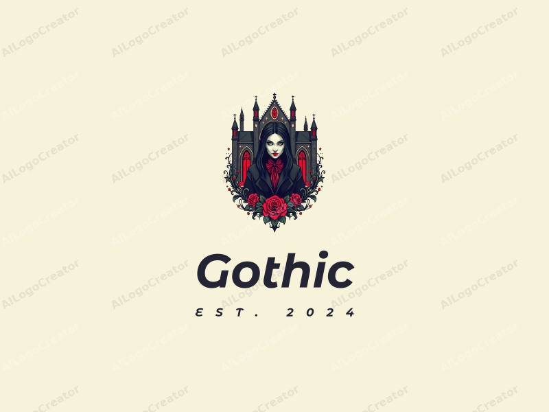 Gothic design features intricate Gothic architecture, stylized Gothic fashion elements, a vampire silhouette, and a black rose, combined with a clean background.