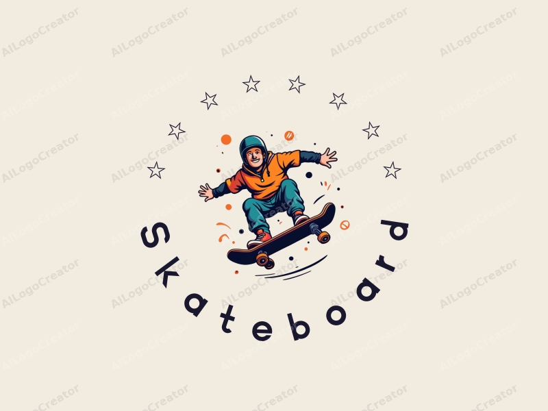 playful design features a vibrant skateboard silhouette, dynamic elements of sprinting and flying, combined with a clean background and a lively composition.