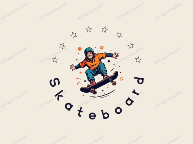 fröhliches Design mit lebendigem Skateboard-Silhouetten, dynamischen Elementen des Sprintens und Fliegens, kombiniert mit einem sauberen Hintergrund und einer lebendigen Komposition.