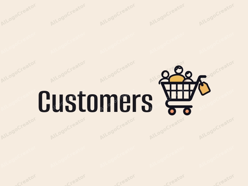 modern design features a stylized shopping cart and tag, with abstract representations of customers and shoppers, combined with a clean background.