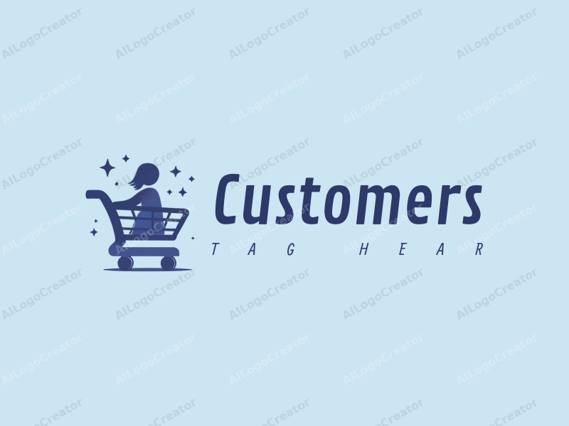 a modern design featuring a stylized shopping cart and a customer silhouette, combined with star elements, set against a clean blue background.