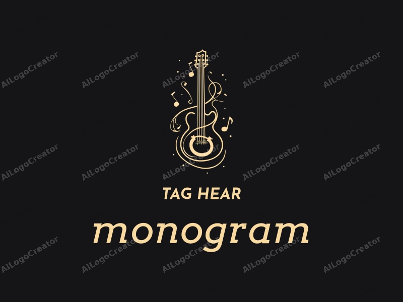 a modern design featuring stylized letters intertwined with a guitar silhouette, accompanied by flowing musical notes and melody elements, all set against a clean black background.