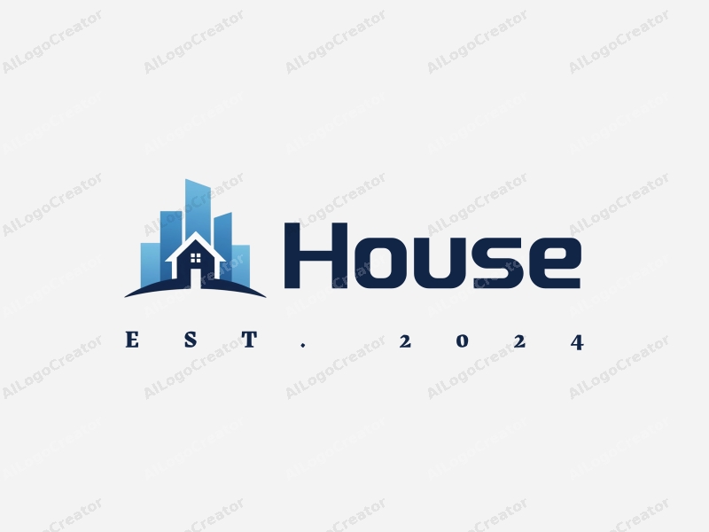 modern design features a stylized house and skyscraper silhouette, incorporating clean lines and geometric shapes with a blue color palette against a simple background.