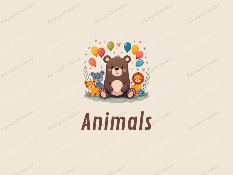 playful design features a cartoon bear surrounded by various wild animals and colorful balloons, combined with a clean background.