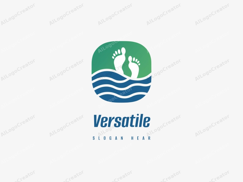 a modern minimalist design featuring human feet and water waves, combined with a multifunctional and adaptable approach, set against a clean blue and green background.